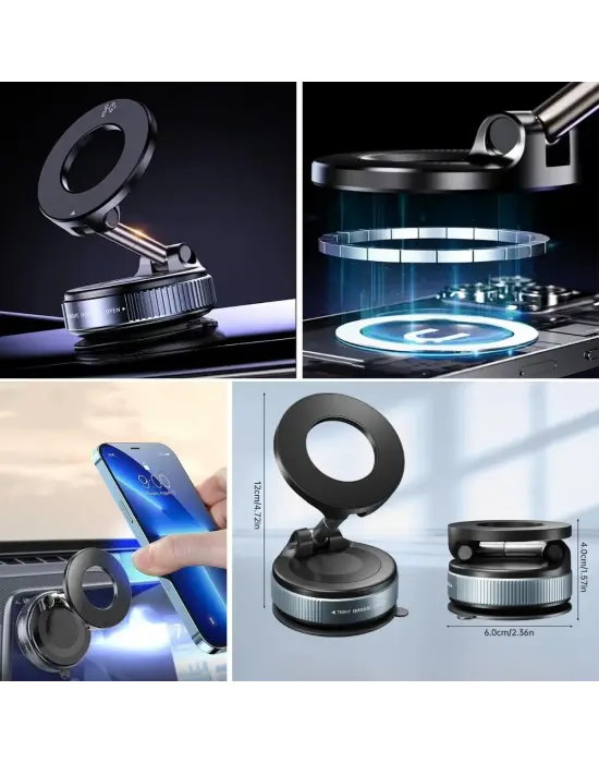 360° Döner Başlıklı Vakumlu Emişli Manyetik Telefon Tutucu – Güçlü Mıknatıslı, İz Bırakmaz