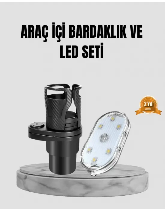 360° Döner Çiftli Bardak Tutucu Ve Kablosuz Ambiyans Led Işık Araç Seti