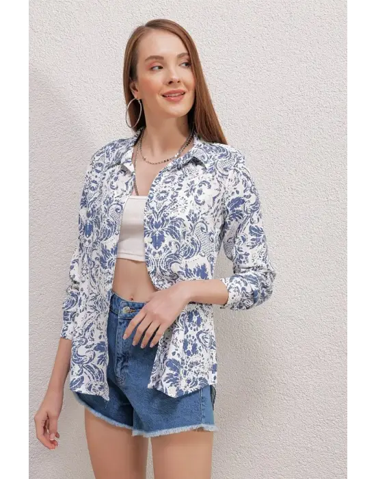 3721 Grafik Desenli Gömlek - Açık Mavi