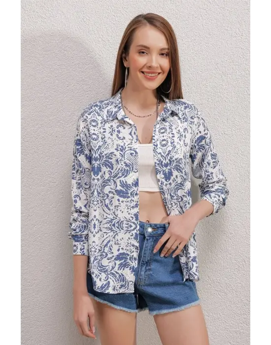 3721 Grafik Desenli Gömlek - Açık Mavi