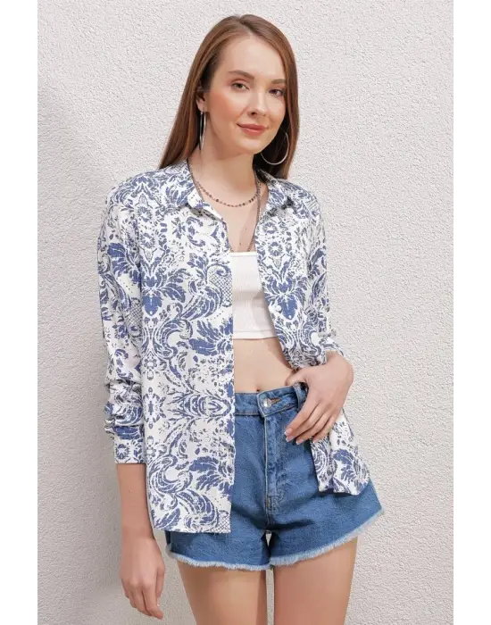 3721 Grafik Desenli Gömlek - Açık Mavi