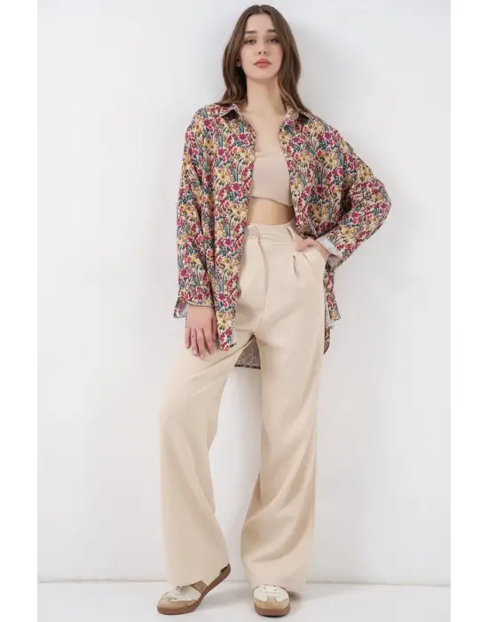 3721 Grafik Desenli Gömlek - Bej