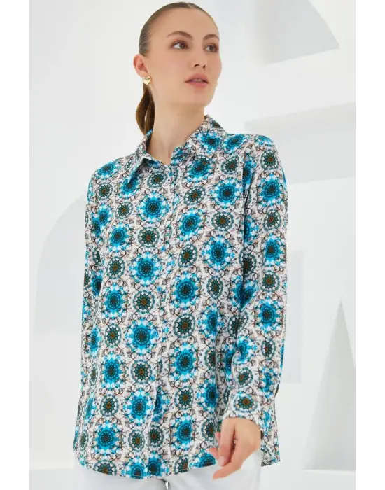 3721 Grafik Desenli Gömlek - B.Mavi