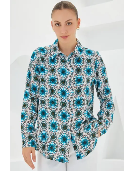 3721 Grafik Desenli Gömlek - B.Mavi