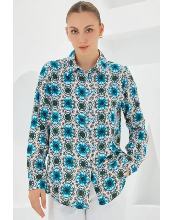 3721 Grafik Desenli Gömlek - B.Mavi