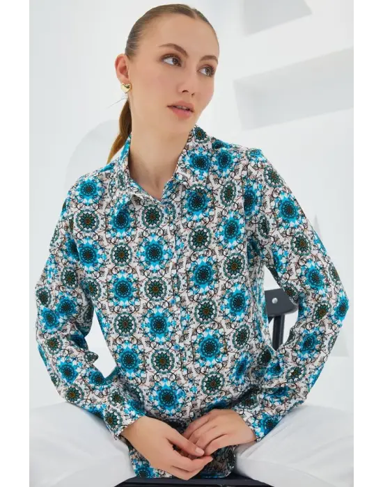 3721 Grafik Desenli Gömlek - B.Mavi