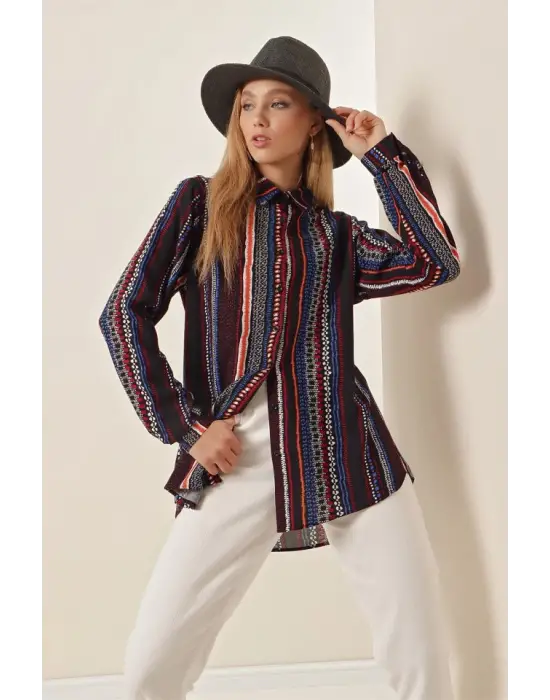 3721 Grafik Desenli Gömlek - D.Lacivert