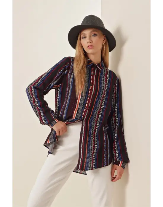 3721 Grafik Desenli Gömlek - D.Lacivert