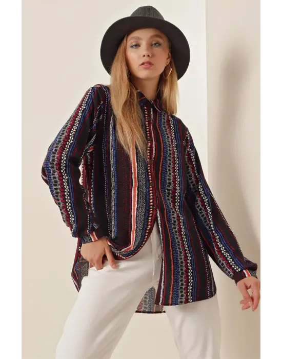 3721 Grafik Desenli Gömlek - D.Lacivert