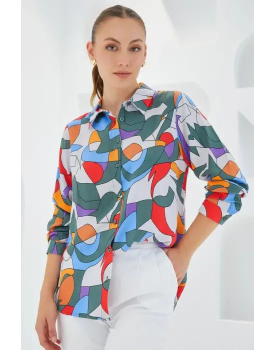 3721 Grafik Desenli Gömlek - E.Haki