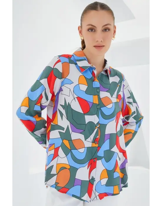 3721 Grafik Desenli Gömlek - E.Haki