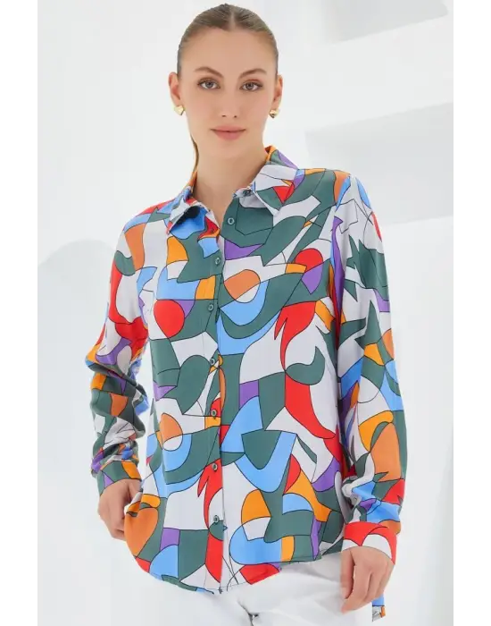 3721 Grafik Desenli Gömlek - E.Haki