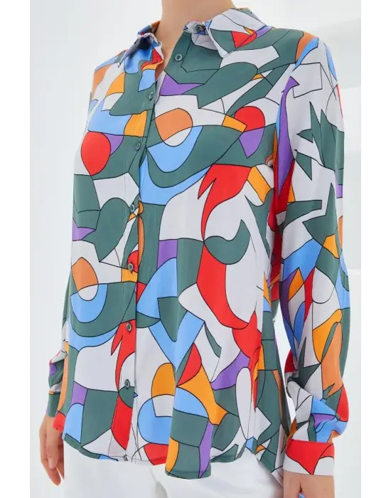 3721 Grafik Desenli Gömlek - E.Haki