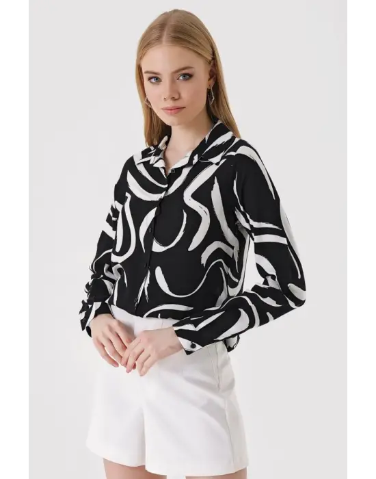 3721 Grafik Desenli Gömlek - F. Siyah