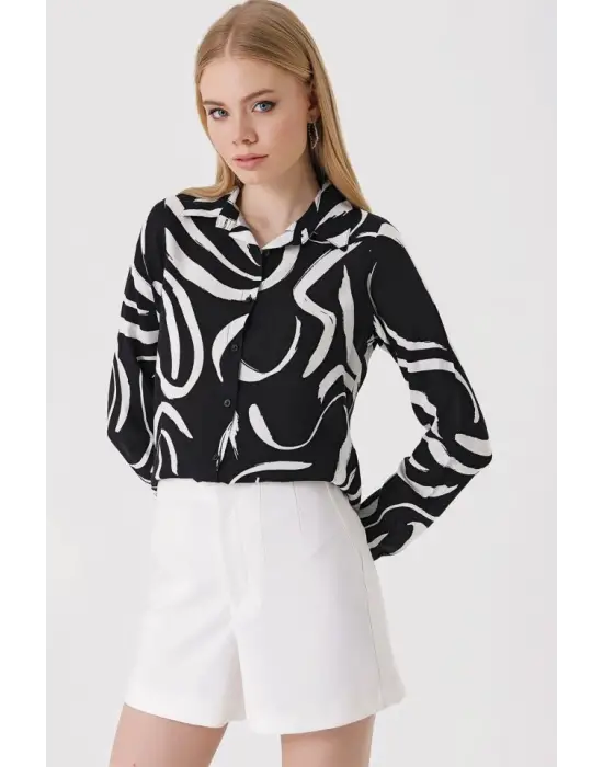 3721 Grafik Desenli Gömlek - F. Siyah