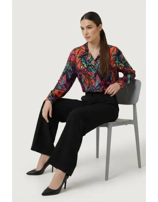 3721 Grafik Desenli Gömlek - Fuşya