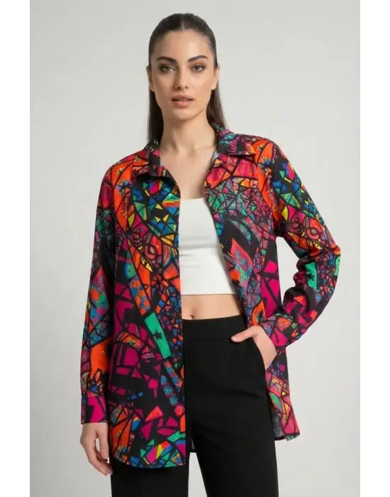 3721 Grafik Desenli Gömlek - Fuşya