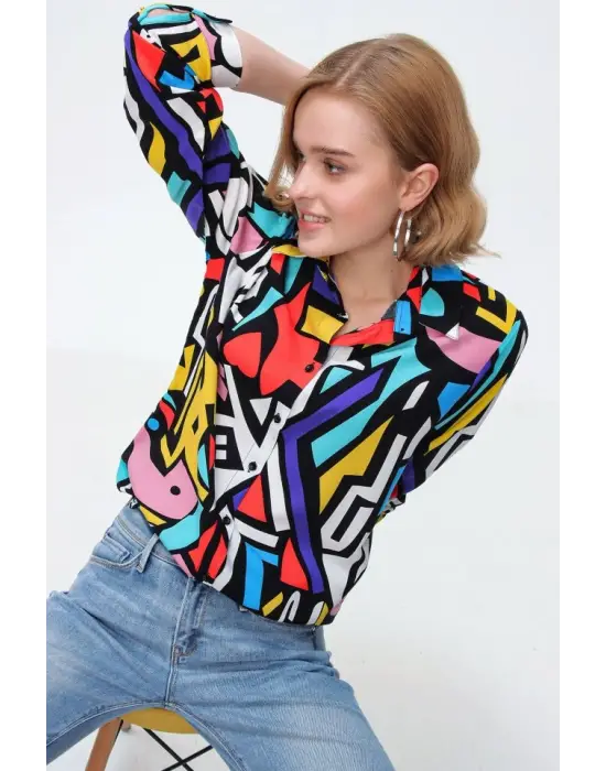 3721 Grafik Desenli Gömlek - Siyah