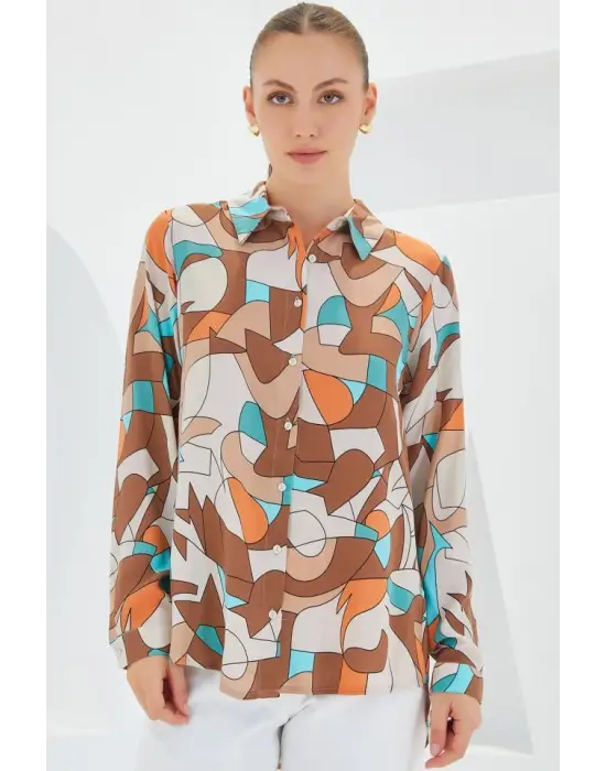 3721 Grafik Desenli Gömlek - Sütlü Kahve