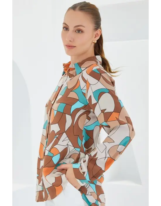 3721 Grafik Desenli Gömlek - Sütlü Kahve