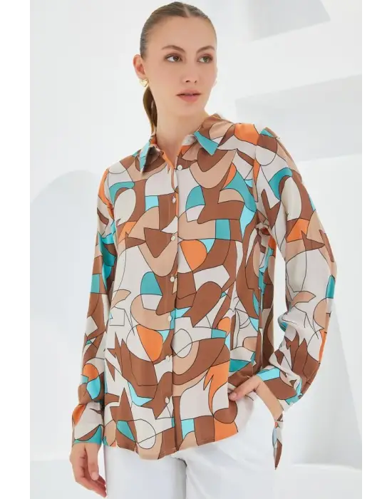 3721 Grafik Desenli Gömlek - Sütlü Kahve