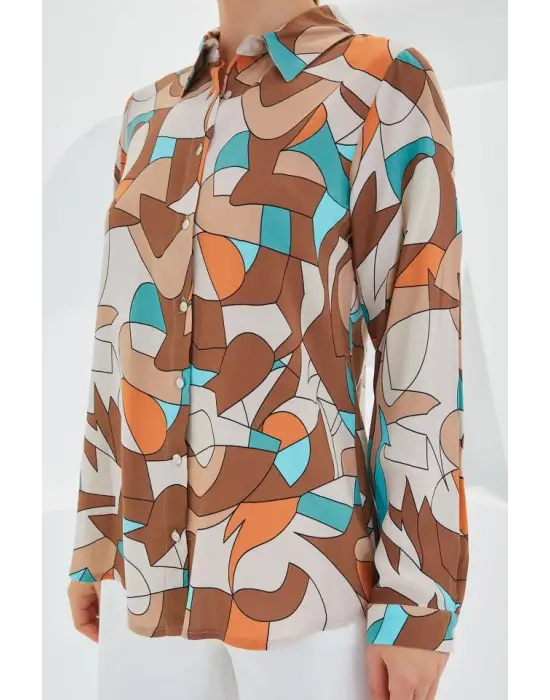 3721 Grafik Desenli Gömlek - Sütlü Kahve