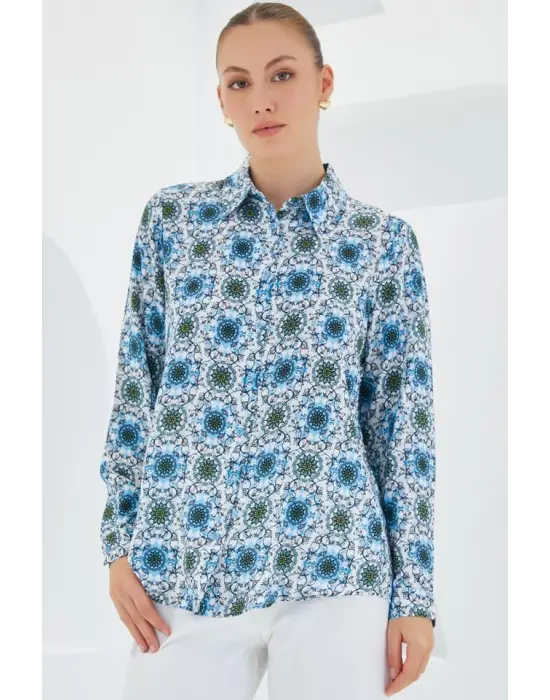 3721 Grafik Desenli Gömlek - Turkuaz