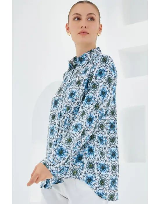 3721 Grafik Desenli Gömlek - Turkuaz