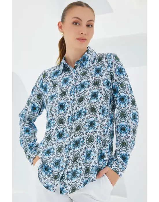 3721 Grafik Desenli Gömlek - Turkuaz