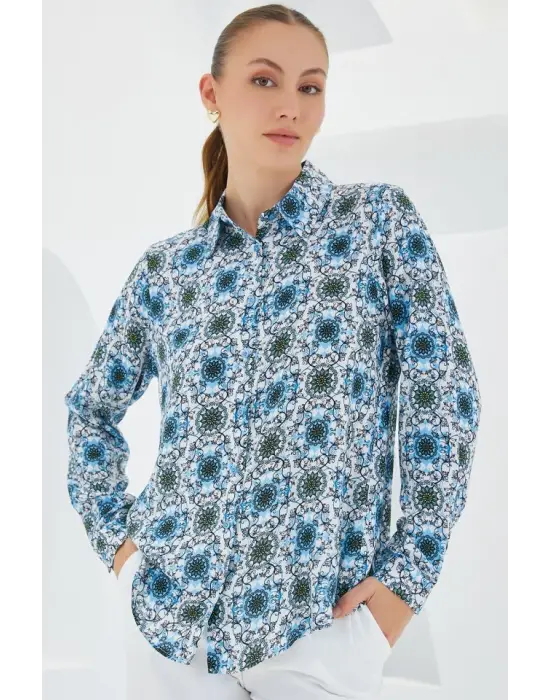 3721 Grafik Desenli Gömlek - Turkuaz