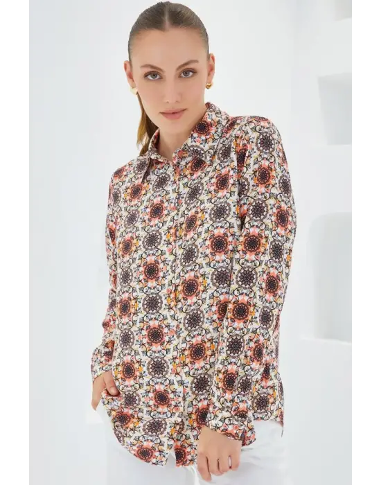 3721 Grafik Desenli Gömlek - Turuncu