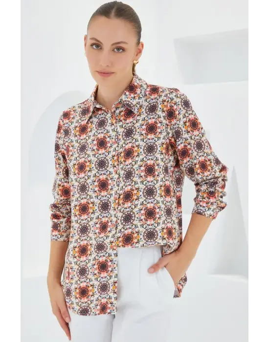 3721 Grafik Desenli Gömlek - Turuncu