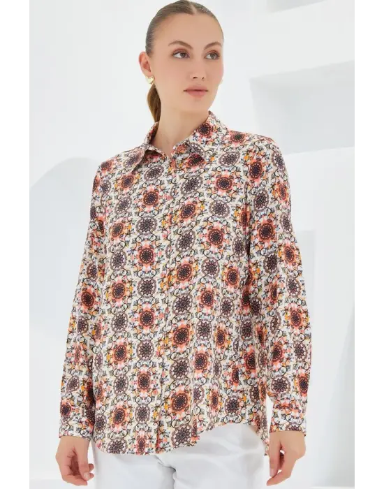 3721 Grafik Desenli Gömlek - Turuncu