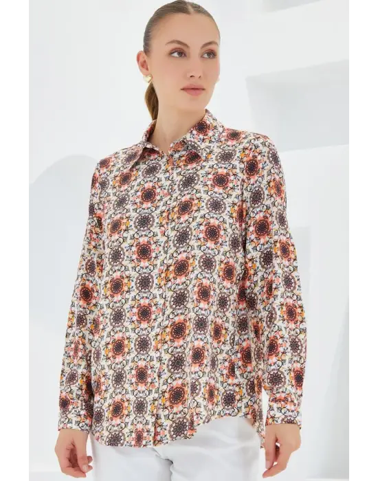 3721 Grafik Desenli Gömlek - Turuncu