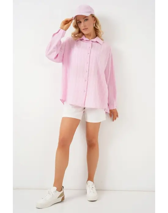 3900 Oversize Çizgili Gömlek - Y.pembe