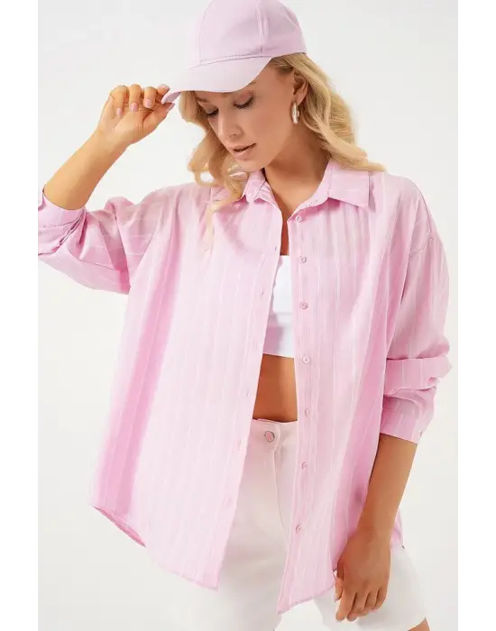 3900 Oversize Çizgili Gömlek - Y.pembe