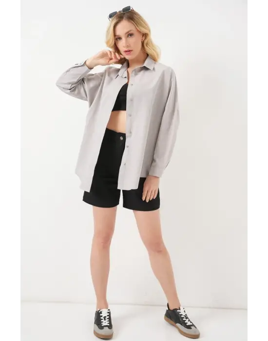 3900 Oversize Uzun Basic Gömlek - A.Gri