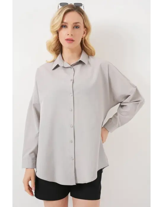3900 Oversize Uzun Basic Gömlek - A.Gri