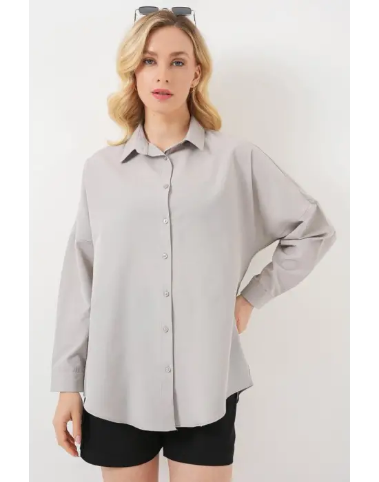 3900 Oversize Uzun Basic Gömlek - A.Gri