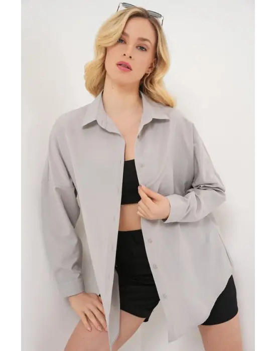 3900 Oversize Uzun Basic Gömlek - A.Gri