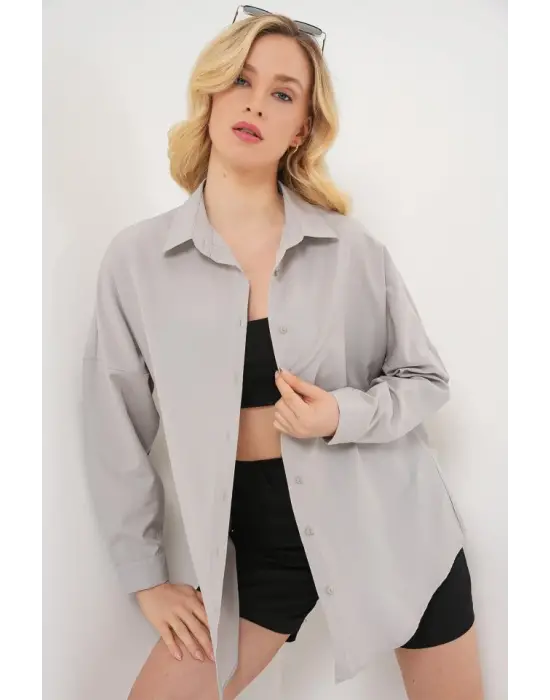 3900 Oversize Uzun Basic Gömlek - A.Gri