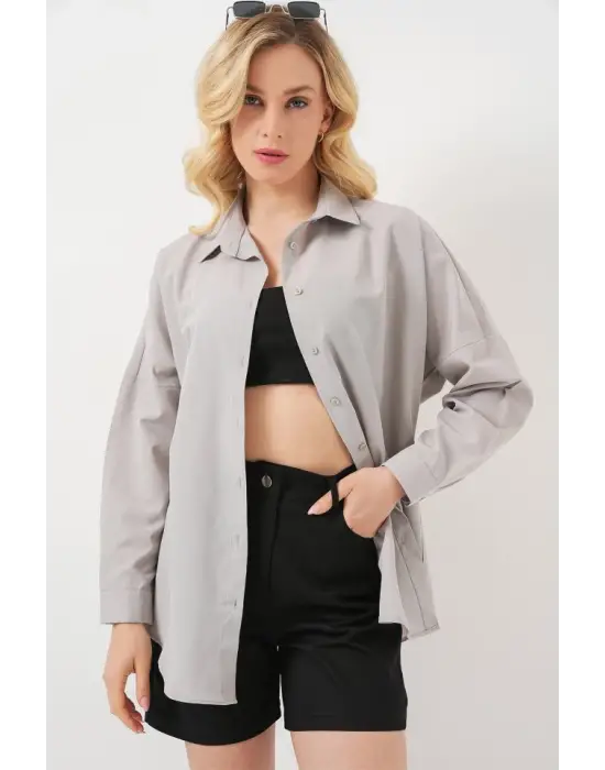 3900 Oversize Uzun Basic Gömlek - A.Gri