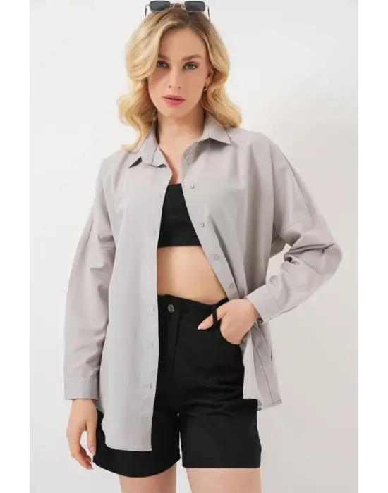 3900 Oversize Uzun Basic Gömlek - A.Gri