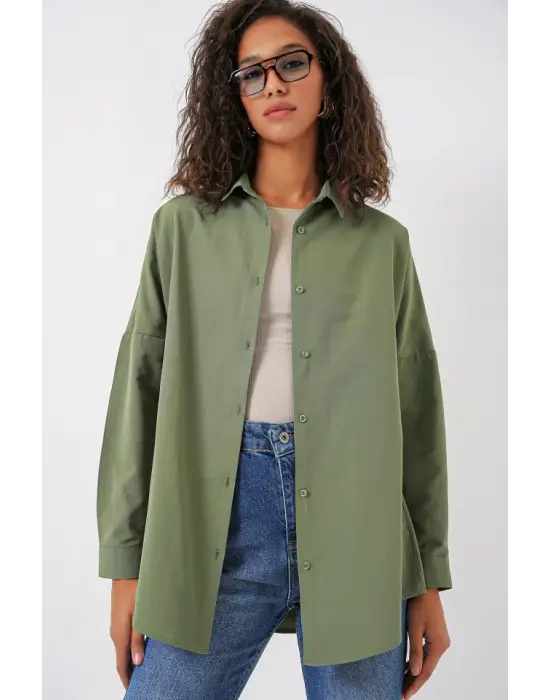3900 Oversize Uzun Basic Gömlek - A.Haki