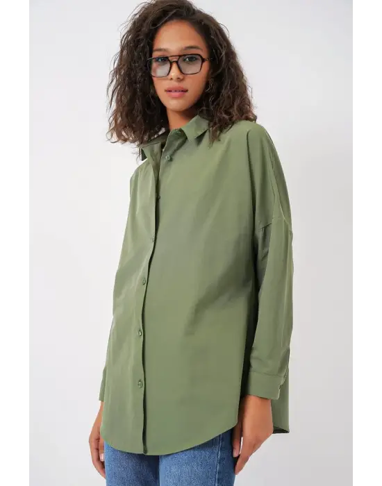 3900 Oversize Uzun Basic Gömlek - A.Haki