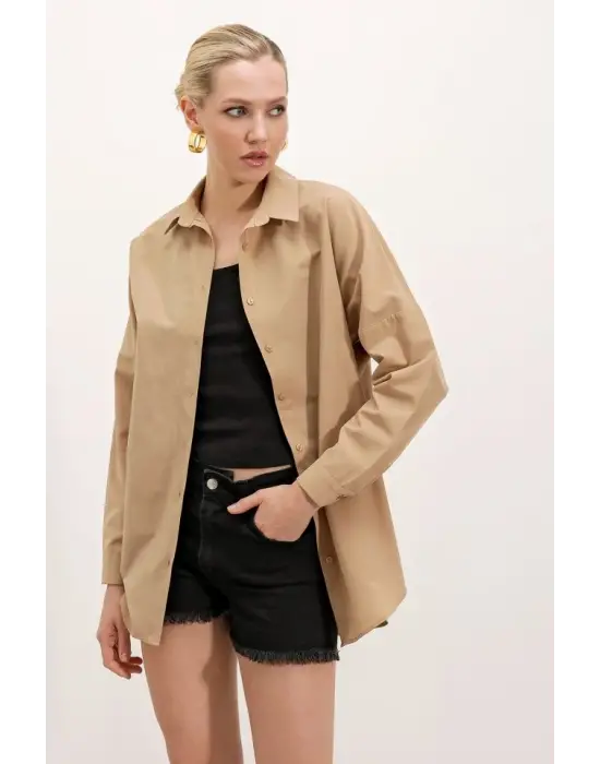 3900 Oversize Uzun Basic Gömlek - Bisküvi