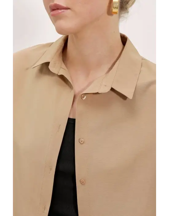 3900 Oversize Uzun Basic Gömlek - Bisküvi