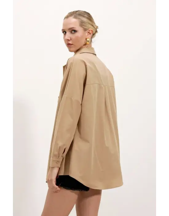 3900 Oversize Uzun Basic Gömlek - Bisküvi