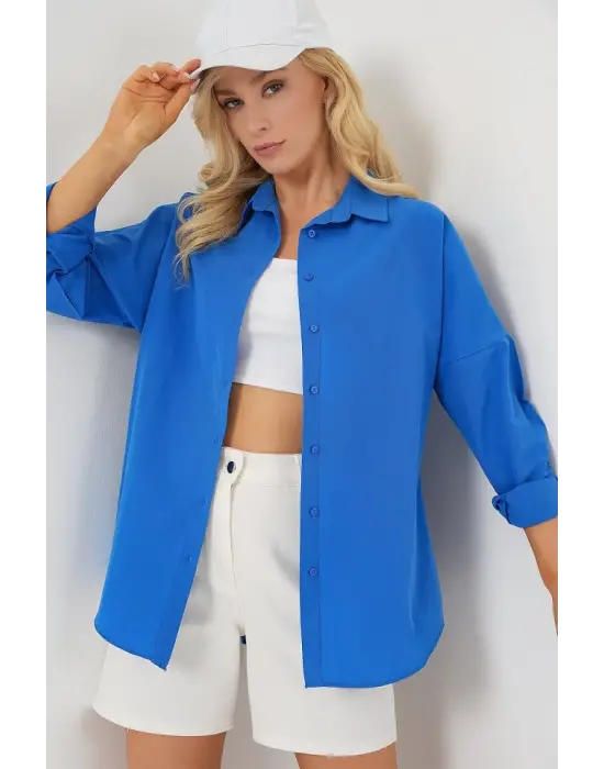 3900 Oversize Uzun Basic Gömlek - B.Mavi