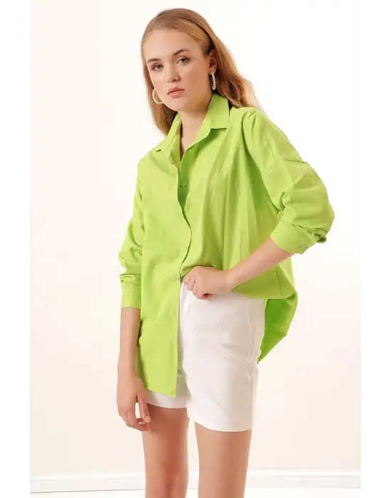 3900 Oversize Uzun Basic Gömlek - Çağla